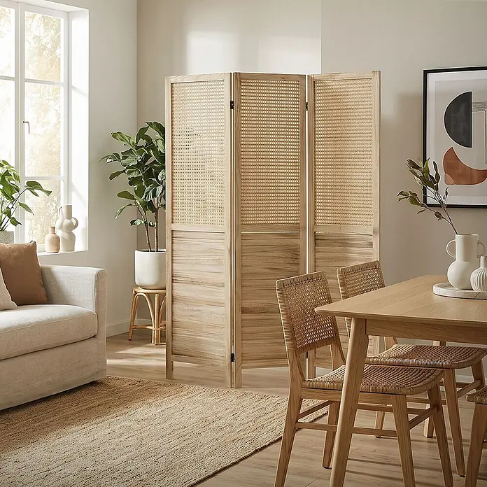 Paravent 3-teilig Osaka Natur 170x121 cm aus Bambus faltbar -  - Drei-teiliger Raumteiler aus hellem Holz und Rattan in einem hellen Raum, trennt Wohn- und Essbereiche.