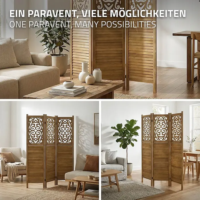 ML-Design Sichtschutzelement Raumtrenner 3-teilig Tokio Natur Holz freistehend Trennwand - Holz, Braun - Raumteiler aus Naturholz mit Lamellen- und Zierpaneelen, der Wohn- und Essbereich trennt.