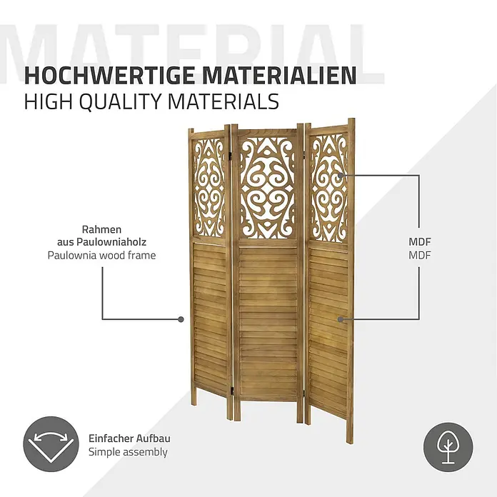 ML-Design Sichtschutzelement Raumtrenner 3-teilig Tokio Natur Holz freistehend Trennwand - Holz, Braun - Dreiteiliger Raumteiler mit Paulowniaholzrahmen und geschnitzten MDF-Paneelen in Naturholzoptik.
