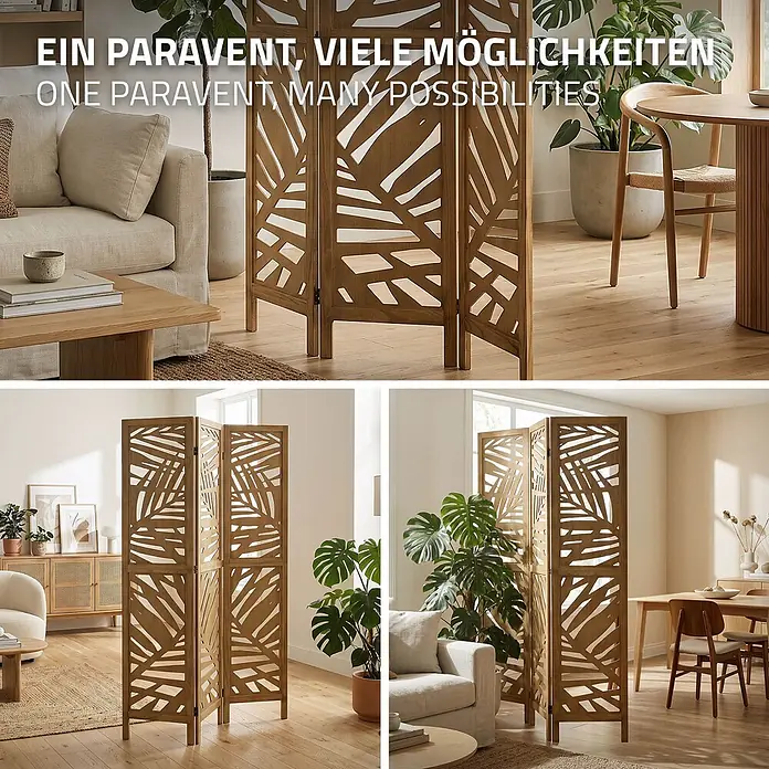 ML-Design Sichtschutzelement Raumtrenner 3-teilig Kyoto Natur Holz freistehend Trennwand - Holz, Braun - Hölzerner Paravent mit geschnitztem Blattmuster, in Naturholzfarbe in verschiedenen Wohnräumen gezeigt.