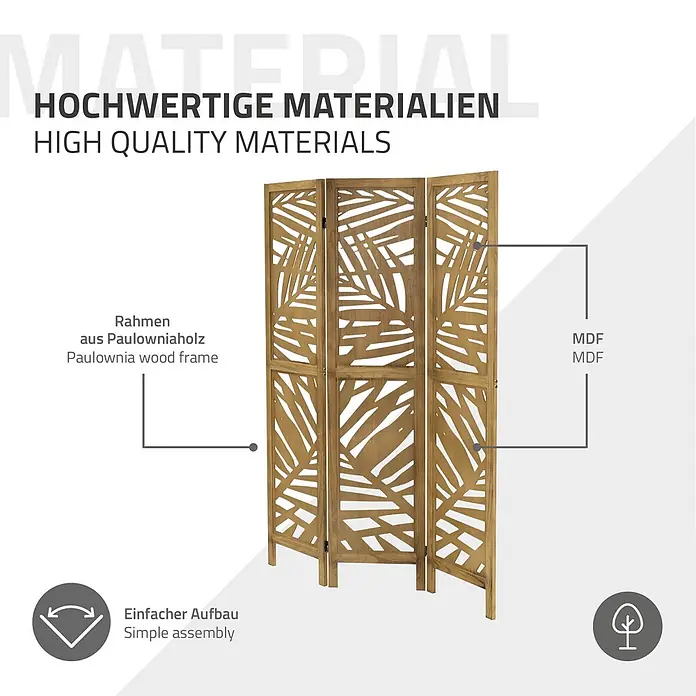 ML-Design Sichtschutzelement Raumtrenner 3-teilig Kyoto Natur Holz freistehend Trennwand - Holz, Braun - Dreiteiliger Raumteiler aus Holz mit aufwendig geschnitzten Blattmustern.