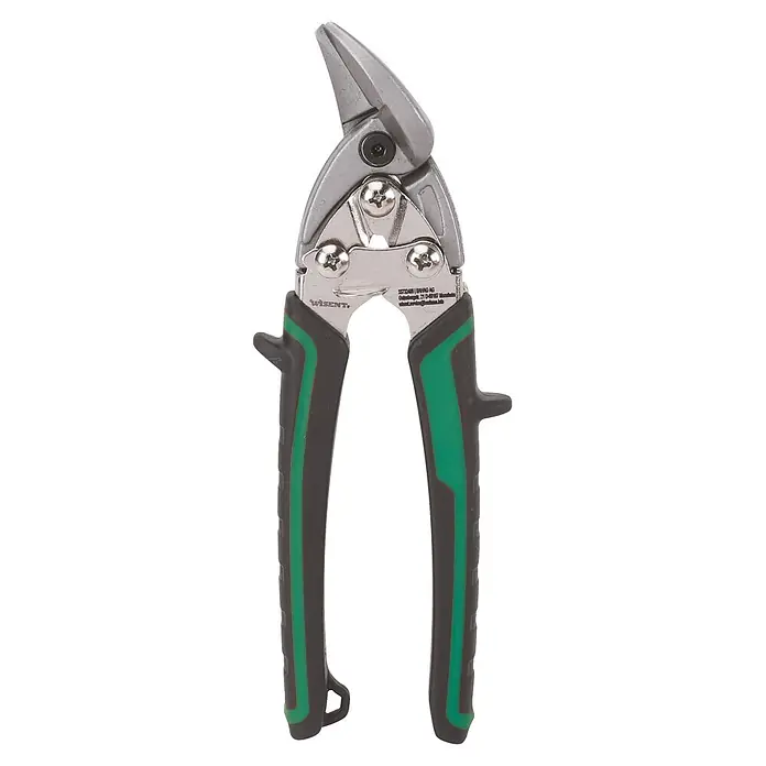 Wisent Blechschere - Länge: 180 mm, Schnittlänge: 110 mm, Stahl - Eine silberne Blechschere mit schwarzen und grünen ergonomischen Griffen.