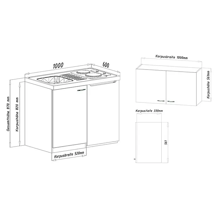 Respekta Miniküche Levin - Breite: 100 cm, Weiß, Mit Duo-Kochmulde + Kühlschrank + Oberschrank - Schematische Zeichnung einer modularen Küchenzeile mit Spüle, Kochfeld und Hängeschrank, inklusive Maßen.