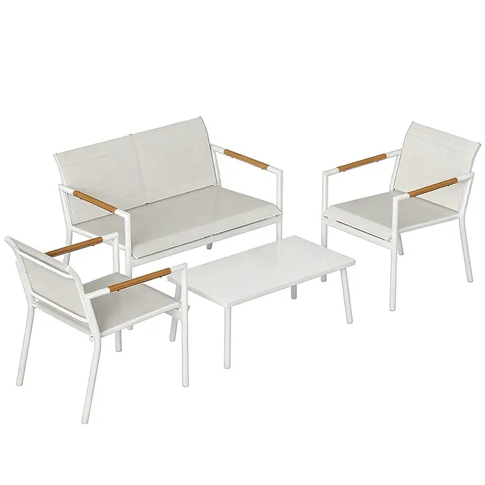 Outsunny Loungemöbel-Set - 4 -tlg., Metall, Netzstoff, Cremeweiß - Gartenmöbel-Set mit weißem Rahmen, bestehend aus Zweisitzer-Sofa, zwei Stühlen und Couchtisch, mit hellgrauen Netzsitzen und Holzarmlehnen.