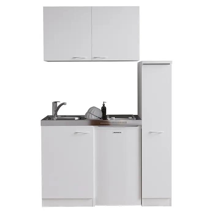 Respekta Miniküche Levin - 130 cm, Weiß, Mit Glaskeramikkochfeld - Weiße Modulküche mit Oberschränken, Spüle, Zweiflammenkochfeld und Kühlschrank.