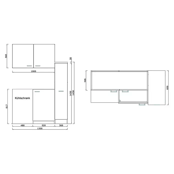 Respekta Miniküche Levin - 130 cm, Weiß, Mit Duo-Kochmulde - Technische Zeichnung von Küchenschränken und integriertem Kühlschrank, mit Vorder- und Draufsicht sowie detaillierten Maßen.