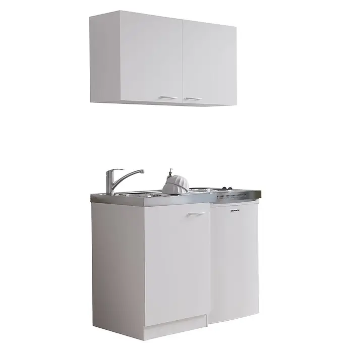 Respekta Miniküche Levin - Breite: 100 cm, Weiß, Mit Duo-Kochmulde + Kühlschrank + Oberschrank - Weiße Küchenzeile mit Oberschränken und Unterschrank mit Spüle, Armatur, Kochfeld und integriertem Minikühlschrank.
