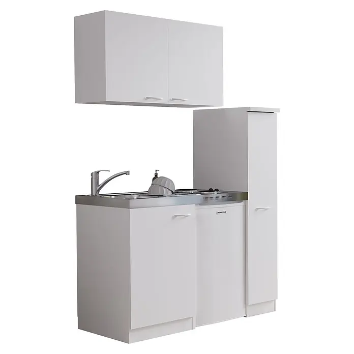 Respekta Miniküche Levin - 130 cm, Weiß, Mit Duo-Kochmulde - Weiße Kompaktküchenzeile mit Edelstahlspüle, Zweiflammenherd, Kühlschrank und passenden Oberschränken.