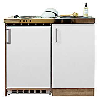 Respekta Miniküche Levin (Breite: 100 cm, Weiß/Eiche, Unterschrank, mit Duo-Kochmulde und Kühlschrank)