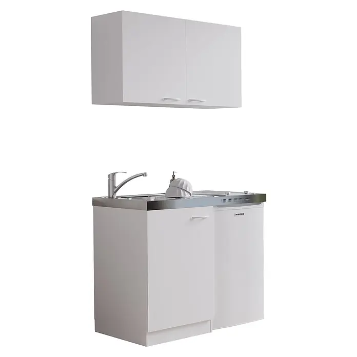 Respekta Miniküche Levin - Breite: 100 cm, Weiß, Mit Glaskeramikkochfeld + Kühlschrank + Oberschrank - Weiße Kompaktküche mit Edelstahlspüle, Armatur, integriertem Kühlschrank und Oberschrank.