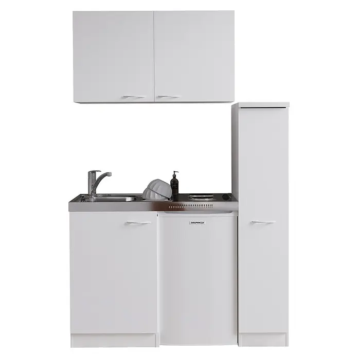 Respekta Miniküche Levin - 130 cm, Weiß, Mit Duo-Kochmulde - Weiße Kompaktküche mit Hängeschränken, Spüle, Kochfeld, Kühlschrank und Hochschrank.
