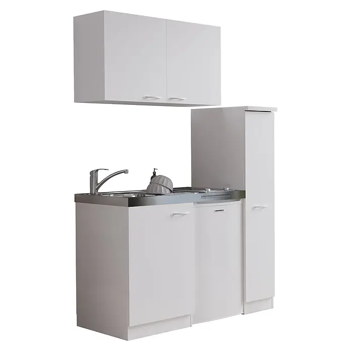 Respekta Miniküche Levin - 130 cm, Weiß, Mit Glaskeramikkochfeld - Weiße Küchenzeile mit Oberschrank, Edelstahlspüle und integriertem Gerät.