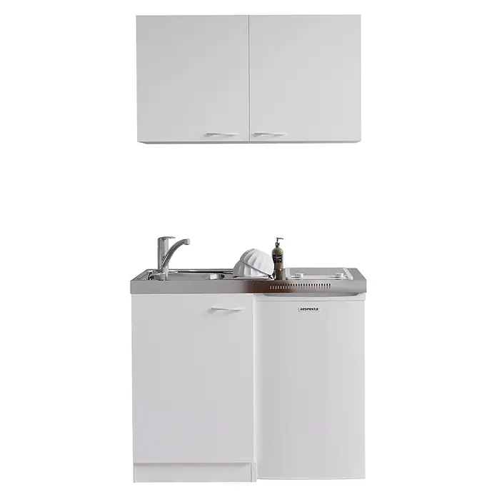 Respekta Miniküche Levin - Breite: 100 cm, Weiß, Mit Glaskeramikkochfeld + Kühlschrank + Oberschrank - Weiße Kompaktküche mit Edelstahlspüle, Kochfeld und passenden Hängeschränken.