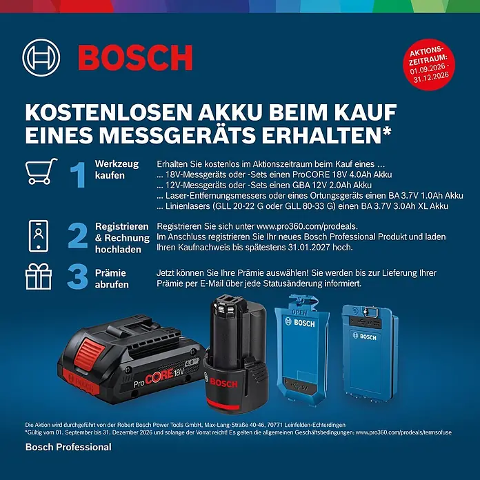 Bosch Professional Stromzange GFM 1000-15 - 1.000 V, Blau, Schwarz - Drei Bosch Batterien/Powerbanks: ein schwarz-roter ProCORE 18V 4.0Ah Akku, eine kleinere schwarze Batterie und eine blaue Powerbank.