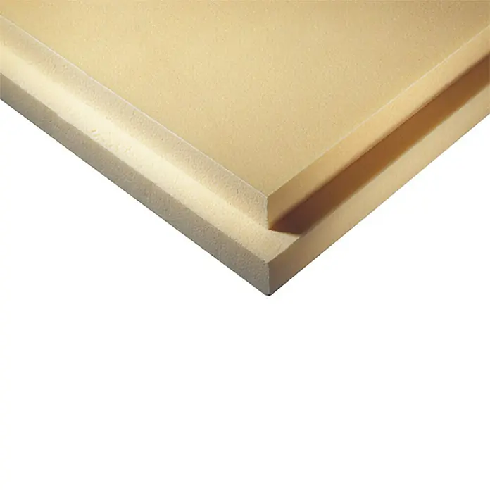 Ursa Hartschaumplatte XPS D N-III-L - 125 cm x 60 cm x 100 mm, 3 m² - Nahaufnahme einer beigefarbenen Schaumstoffplatte, die die Textur und die Schichtstruktur des Materials hervorhebt. Ideal für Polsterungen oder Dämmungen.