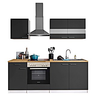 Respekta Singleküche Malia (Breite: 210 cm, Grau, Dekor Arbeitsplatte: Holzoptik, Volumen Backofen: 72 l)