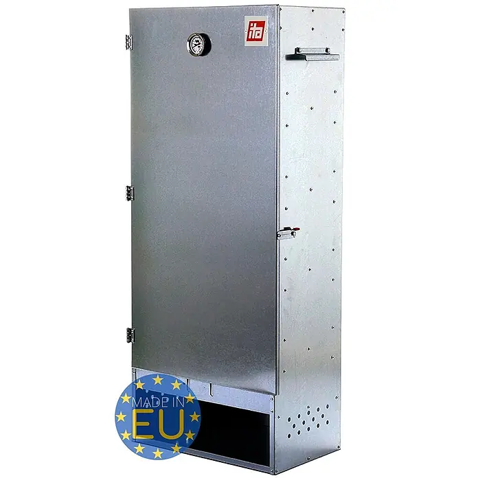 Ita Räucherofen 7003 - B x T x H: 47 x 29 x 111 cm - Rechteckiger silberner Metallschrank, möglicherweise ein Räucher- oder Trockenschrank, mit Thermometer und 'ita'-Logo.
