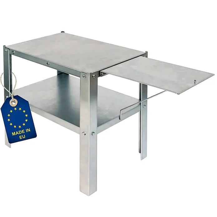 Ita Räucherofen 7000 - B x T x H: 40 x 28 x 81 cm - Zweistufiger silberner Metalltisch mit ausziehbarer Seitenablage und 'MADE IN EU'-Etikett.