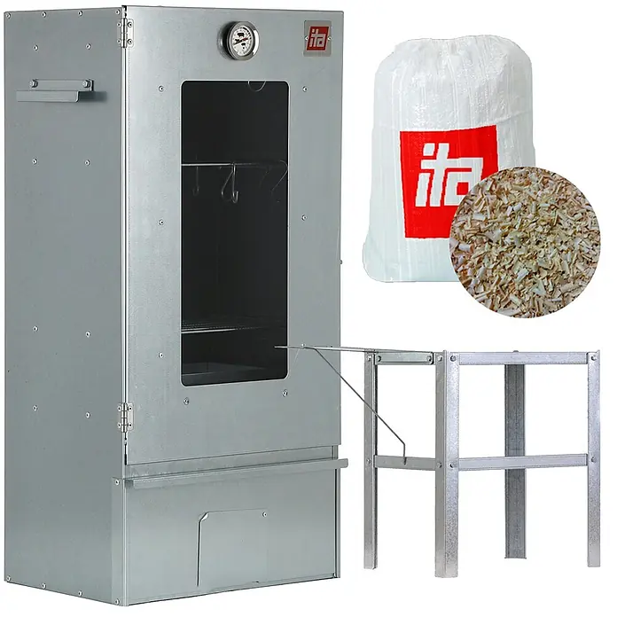 ITA Räucherofen 7002 81x29x40 cm Edelstahl mit Tisch -  - Verzinkter Metall-Räucherofen mit Thermometer, Sichtfenster, Innenhaken, einer Tüte Holzspänen und einem Metallständer.