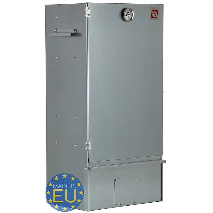 Ita Räucherofen 7005 - B x T x H: 40 x 28 x 81 cm - Silbergrauer Metall-Industrieschrank mit Thermometer, Griff und 'ita'-Logo.