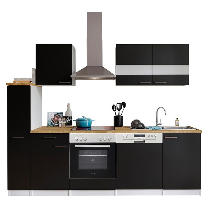 Respekta Küchenzeile KB250WSC (Breite: 250 cm, Mit Elektrogeräten, Schwarz)