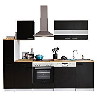 Respekta Singleküche Malia (Breite: 250 cm, Schwarz, Dekor Arbeitsplatte: Holzoptik, Volumen Backofen: 72 l)