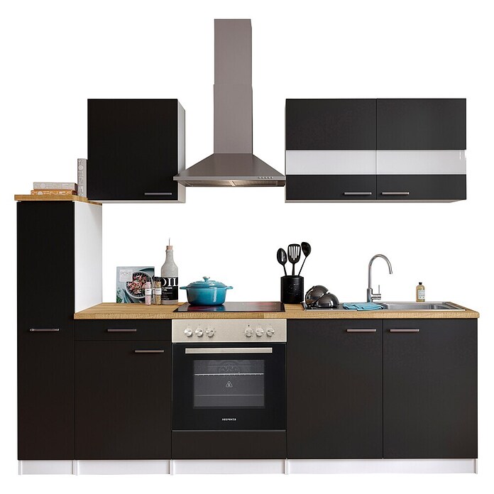 Respekta Küchenzeile KB240WSC (Breite: 240 cm, Mit Elektrogeräten, Schwarz)