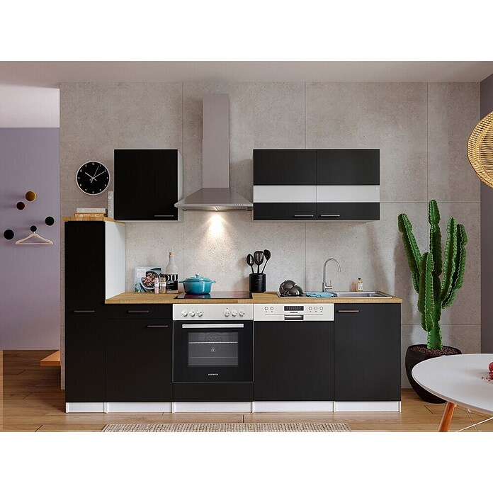 Respekta Küchenzeile KB250WSC (Breite: 250 cm, Mit Elektrogeräten, Schwarz)