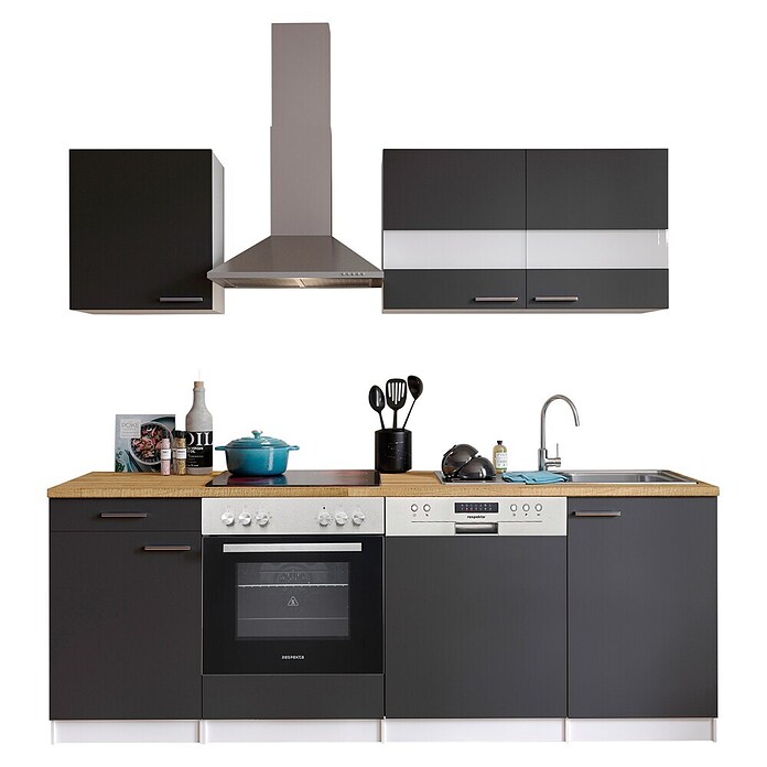 Respekta Küchenzeile KB220WGC (Breite: 220 cm, Mit Elektrogeräten, Grau)