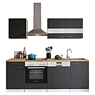 Respekta Singleküche Malia (Breite: 220 cm, Grau, Dekor Arbeitsplatte: Holzoptik, Volumen Backofen: 72 l)