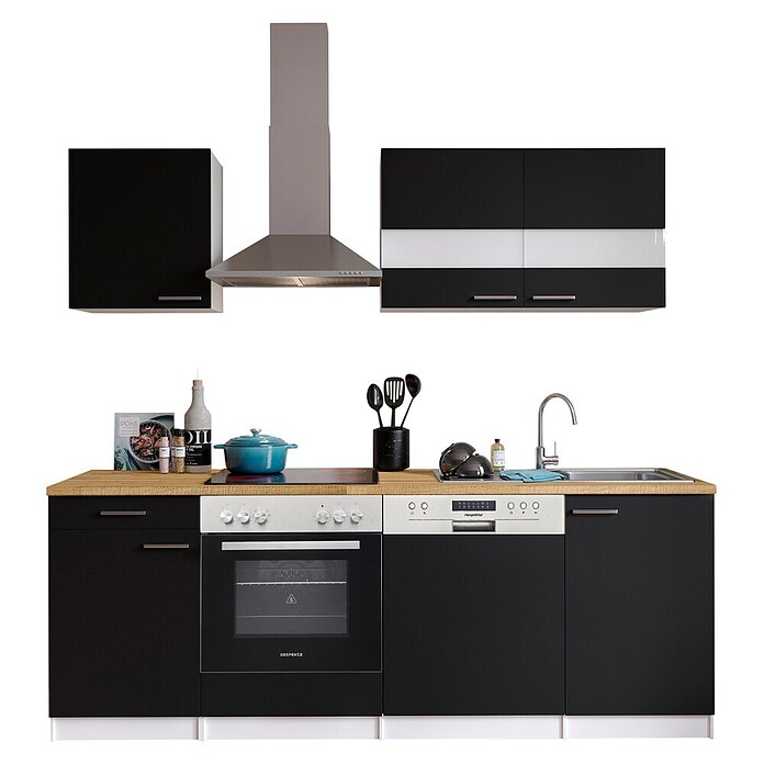 Respekta Küchenzeile KB220WSC (Breite: 220 cm, Mit Elektrogeräten, Schwarz)