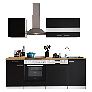 Respekta Singleküche Malia (Breite: 220 cm, Schwarz, Dekor Arbeitsplatte: Holzoptik, Volumen Backofen: 72 l)