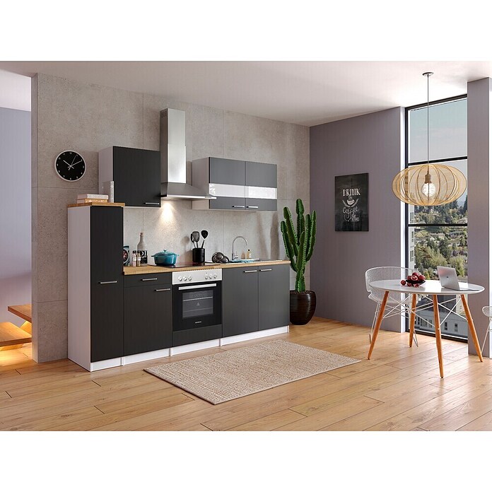 Respekta Küchenzeile KB240WSC (Breite: 240 cm, Mit Elektrogeräten, Schwarz)