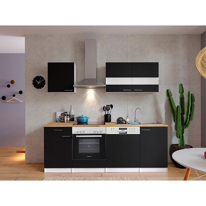 Respekta Küchenzeile KB220WSC (Breite: 220 cm, Mit Elektrogeräten, Schwarz)