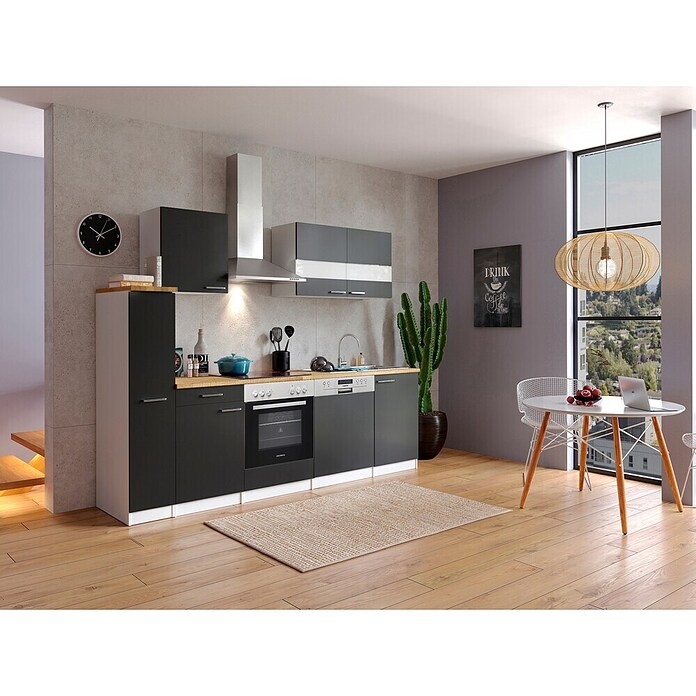 Respekta Küchenzeile KB250WSC (Breite: 250 cm, Mit Elektrogeräten, Schwarz)