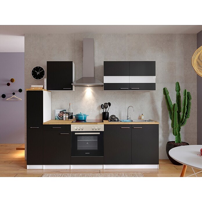 Respekta Küchenzeile KB240WSC (Breite: 240 cm, Mit Elektrogeräten, Schwarz)