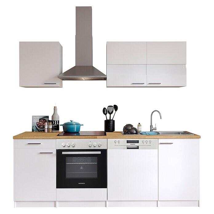 Respekta Küchenzeile KB220WWC (Breite: 220 cm, Mit Elektrogeräten, Weiß)