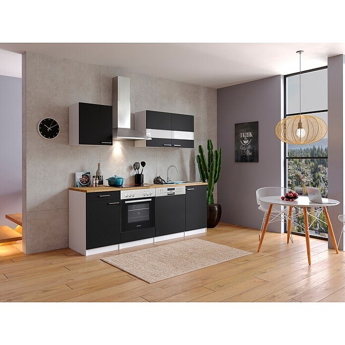 Respekta Küchenzeile KB220WSC (Breite: 220 cm, Mit Elektrogeräten, Schwarz)