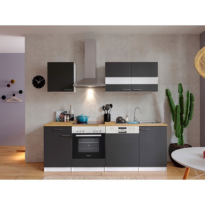 Respekta Küchenzeile KB220WGC (Breite: 220 cm, Mit Elektrogeräten, Grau)