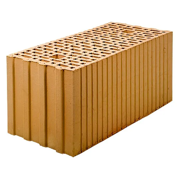Porotonstein 16DF - 49,8 x 24 x 23,8 cm - Nahaufnahme eines Ziegelsteins mit vielen Löchern und Rillen, ideal für Bauprojekte.
