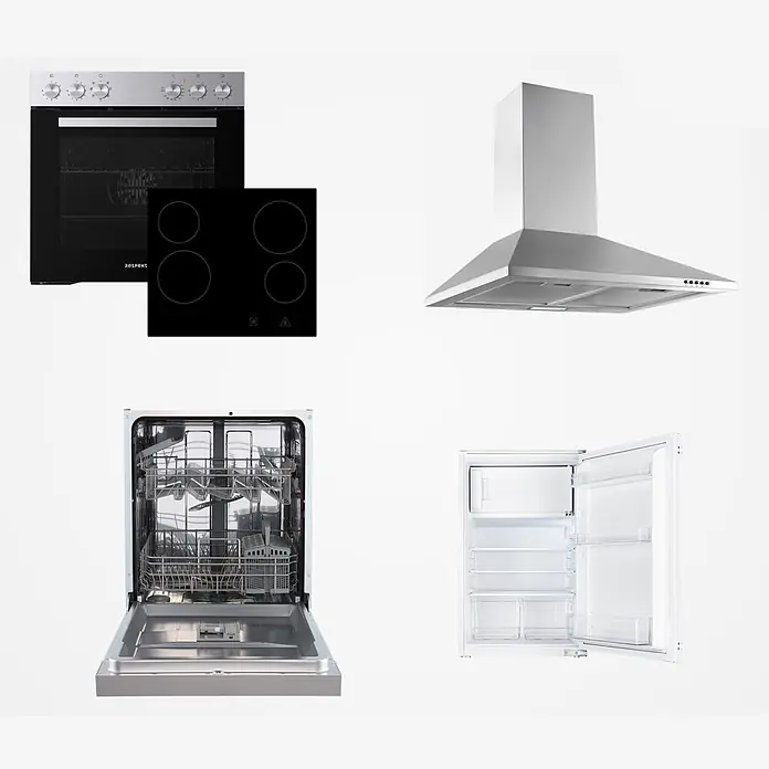 Respekta Küchenzeile Malia - Breite: 280 cm, Weiß, Mit Elektrogeräten, Dekor Arbeitsplatte: Holzoptik, Volumen Backofen: 72 l - Set von Küchengeräten: schwarzer Backofen, schwarzes Kochfeld, Edelstahl-Dunstabzugshaube, offener Geschirrspüler und offener Minikühlschrank.