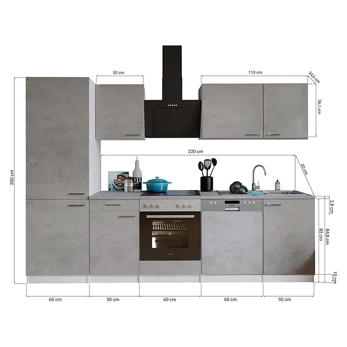 Respekta Küchenzeile Malia Typ 1 - Breite: 280 cm, Beton, Mit Elektrogeräten - Graue Einbauküche in Betonoptik mit Ofen, Geschirrspüler, Spüle, Kochfeld, Dunstabzugshaube, versch. Schrankgrößen und Gesamtabmessungen.