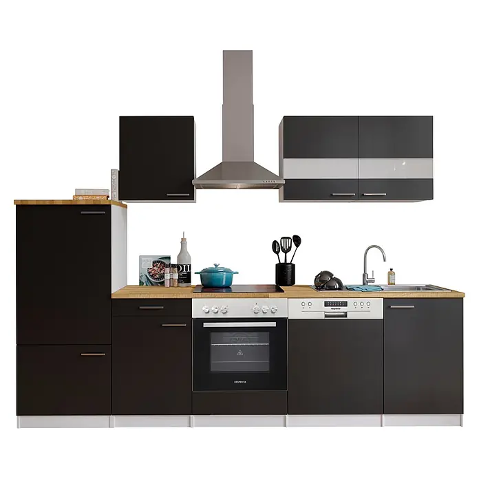 Respekta Küchenzeile Malia - Breite: 280 cm, Schwarz, Mit Elektrogeräten, Dekor Arbeitsplatte: Holzoptik, Volumen Backofen: 72 l - Moderne dunkelgraue Küchenzeile mit Holz-Arbeitsplatte. Mit integriertem Backofen, Kochfeld, Spülmaschine, Dunstabzugshaube und hohem Kühl-/Gefrierschrank inkl. Zubehör.