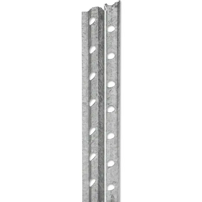 Catnic Schnellputzprofil - Länge: 250 cm, Passend für: 6 mm Putzstärke, Stahl - Nahaufnahme eines silbernen, perforierten Metallpfostens, der für Stabilität und Halt in Bauprojekten sorgt.