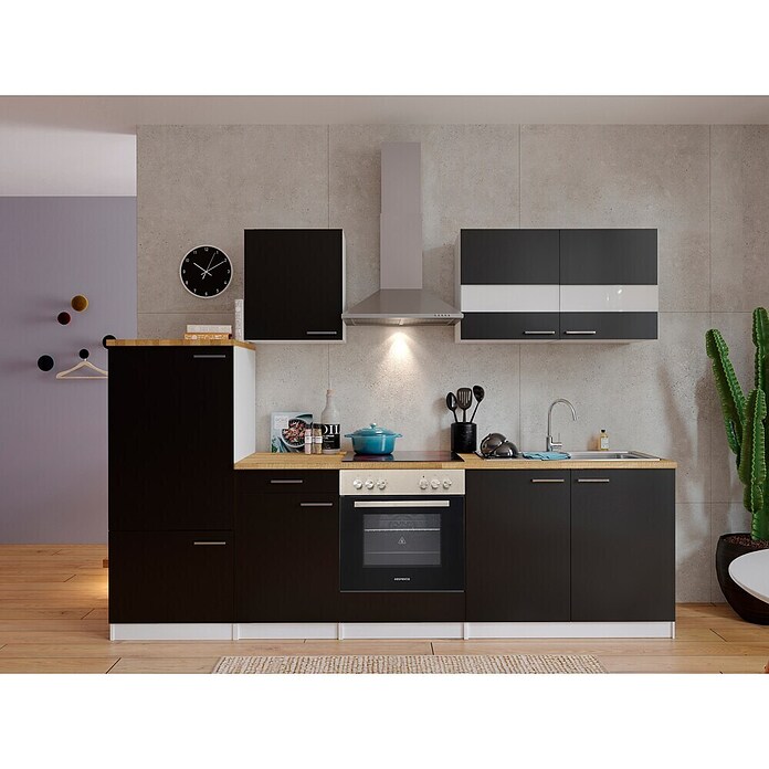 Respekta Küchenzeile KB270WSC (Breite: 270 cm, Mit Elektrogeräten, Schwarz)