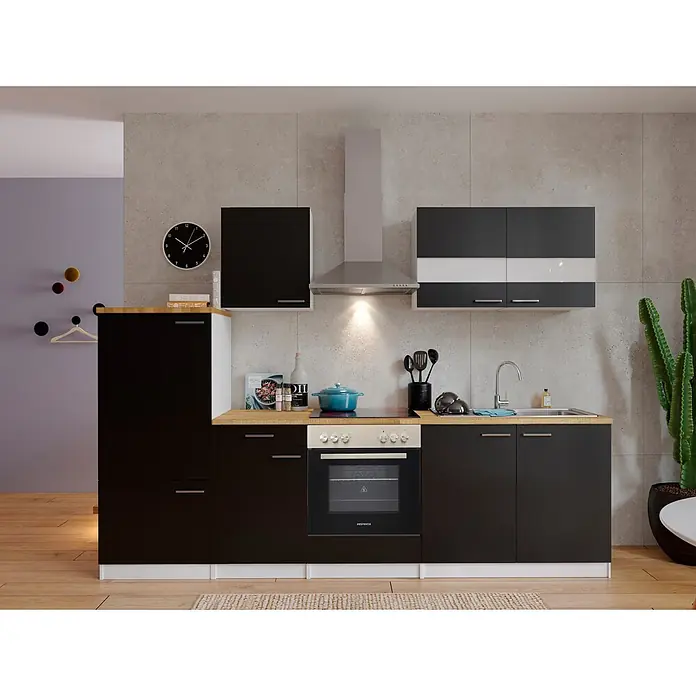 Respekta Küchenzeile Malia - Breite: 270 cm, Schwarz, Mit Elektrogeräten, Dekor Arbeitsplatte: Holzoptik, Volumen Backofen: 72 l - Moderne Küche mit schwarzen Schränken, Holzarbeitsplatte und Edelstahlgeräten, darunter Backofen und Dunstabzugshaube.
