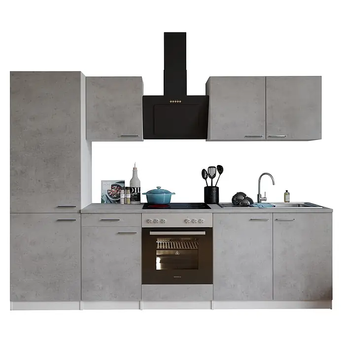 Respekta Küchenzeile Malia Typ 1 - Breite: 270 cm, Beton, Mit Elektrogeräten - Moderne Modulküche mit grauen Betonoptik-Schränken, schwarzer Dunstabzugshaube, Backofen, Kochfeld und Spüle.
