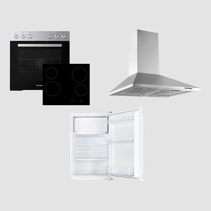 Respekta Singleküche Merle Typ 1 - Breite: 270 cm, Schwarz, Mit Elektrogeräten, Volumen Backofen: 72 l - Set von Küchengeräten: ein schwarzer Ofen, Kochfeld, Edelstahl-Dunstabzugshaube und ein offener weißer Kühlschrank.