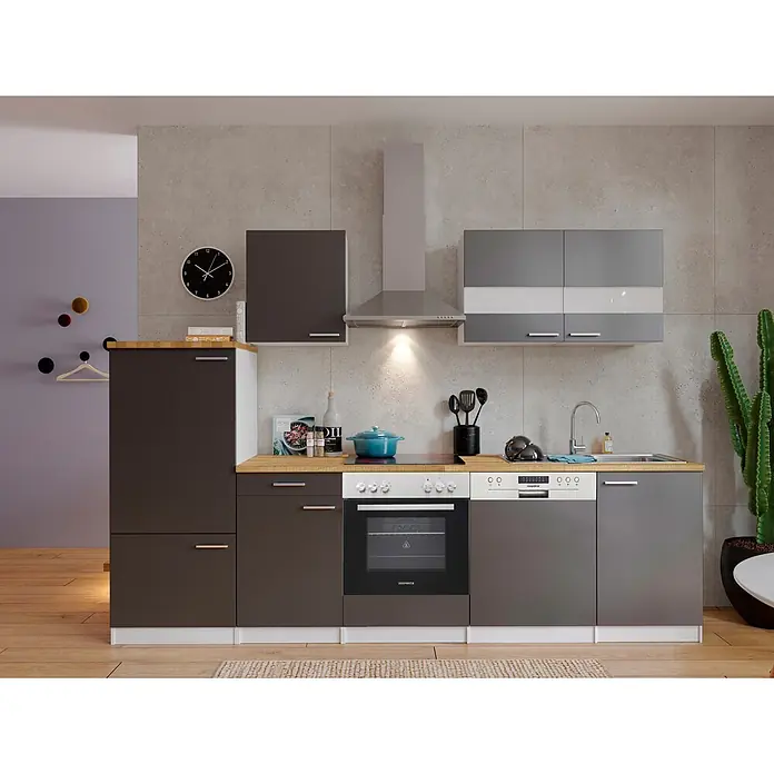 Respekta Küchenzeile Malia - Breite: 280 cm, Grau, Mit Elektrogeräten, Dekor Arbeitsplatte: Holzoptik, Volumen Backofen: 72 l - Eine moderne Küchenzeile mit dunkelgrauen und grauen Schränken, Holzarbeitsplatte, Backofen, Spülmaschine, Spüle und Kochfeld.
