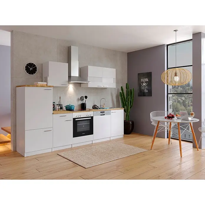 Respekta Küchenzeile Malia - Breite: 280 cm, Weiß, Mit Elektrogeräten, Dekor Arbeitsplatte: Holzoptik, Volumen Backofen: 72 l - Moderne weiße Küchenzeile mit Holzplatte, integrierten Geräten und kleinem Essbereich.